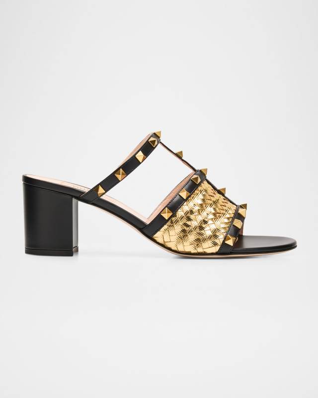 60mm Rockstud Intreccio Metallic Nappa Leather Slide Sandals